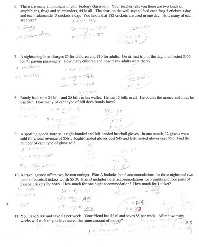 Solving Systems Of Equations Word Problems Worksheet Key