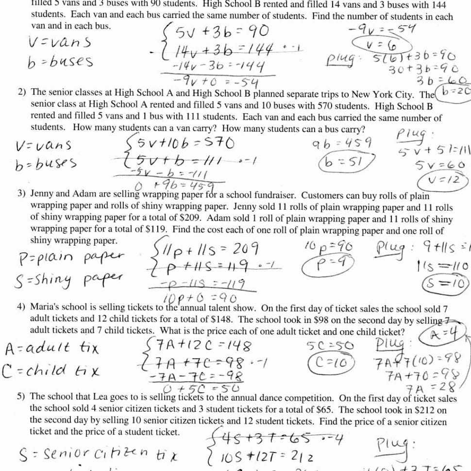 Solving Systems Of Equations Word Problems Worksheet Key