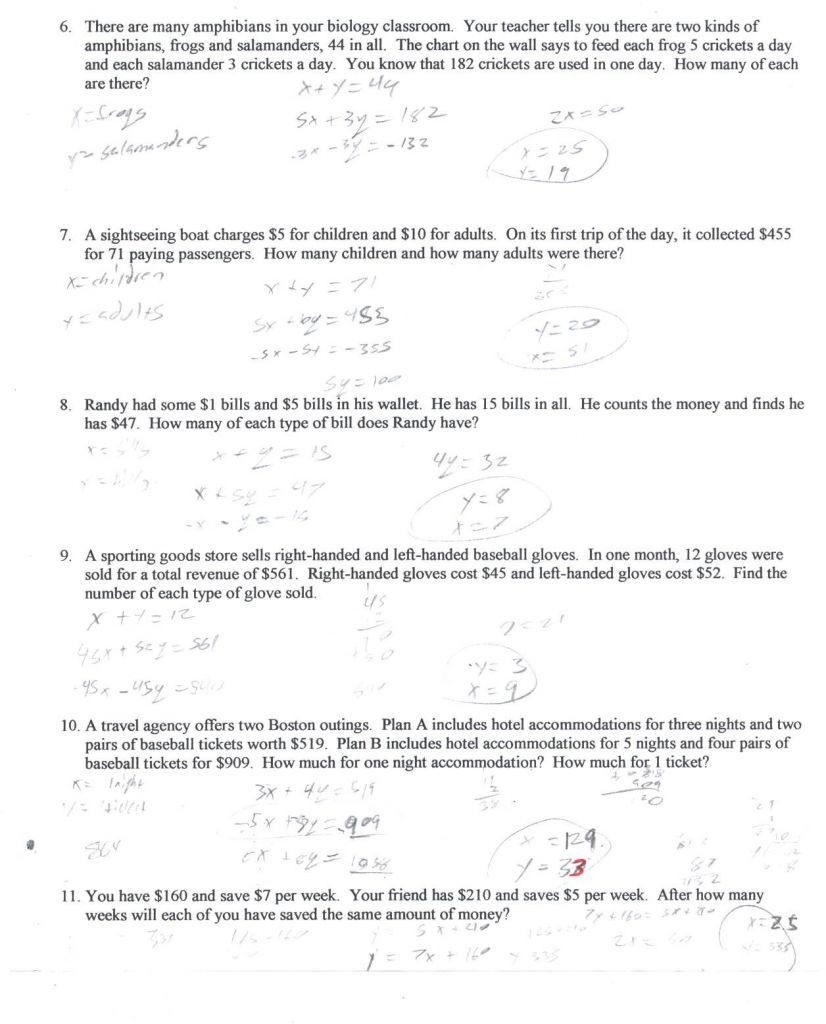 Solving Systems Of Equations Word Problems Worksheet Key