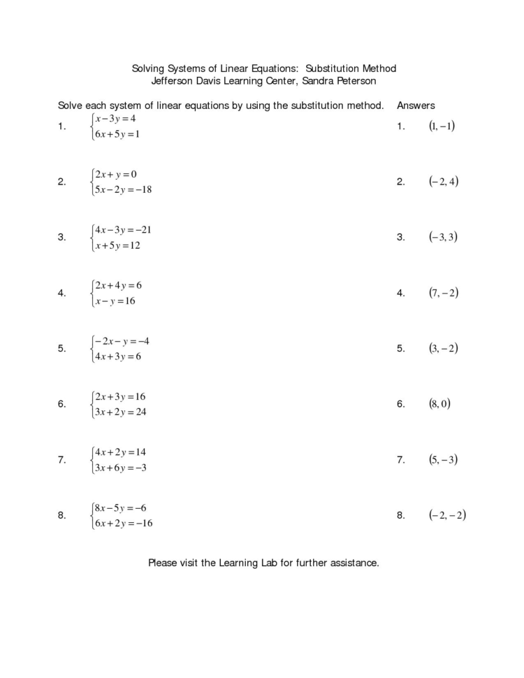 Solving Systems Of Equationssubstitution Worksheet Steps