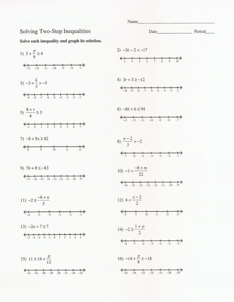Solving Two Step Inequalities Worksheet