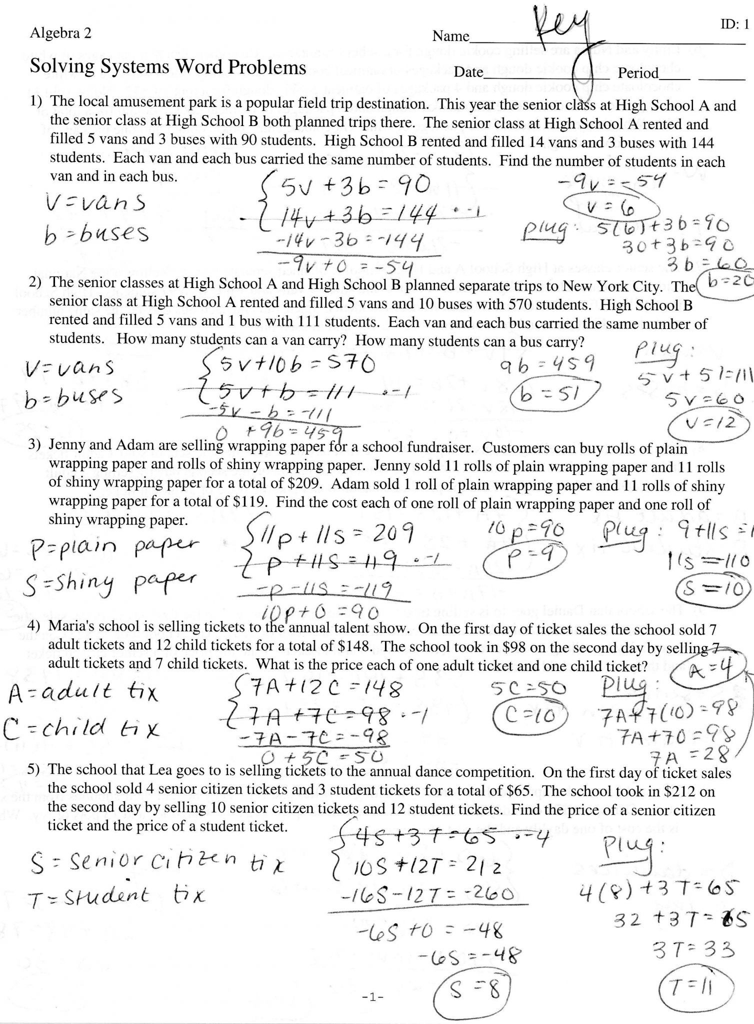 solving systems of equations word problems worksheet with answers