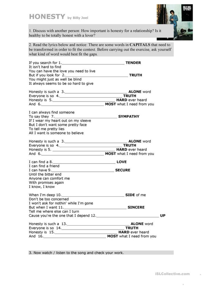 Song Honesty  English Esl Worksheets