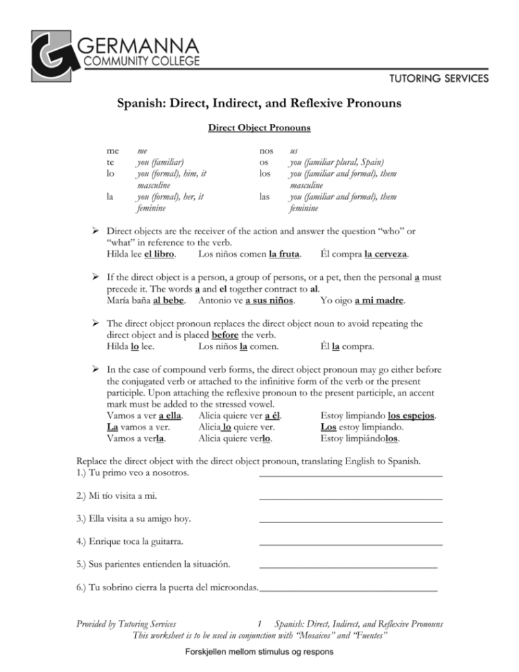 Spanish Direct Indirect And Reflexive Pronouns