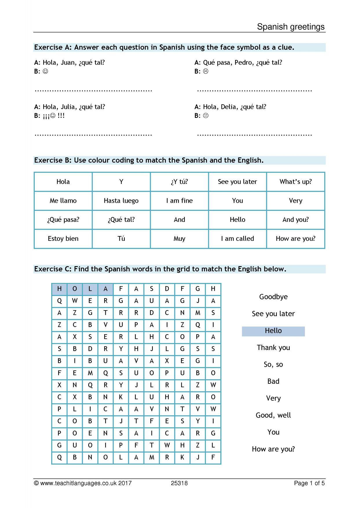 Spanish Greetings Worksheet Db excel