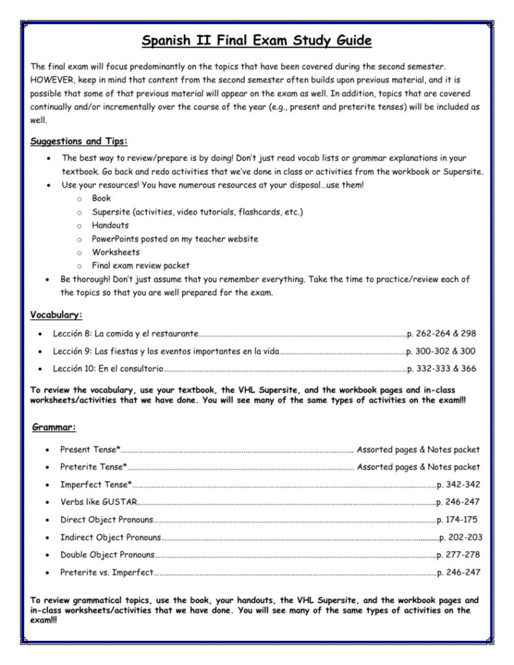 Spanish Ii Final Exam Study Guide