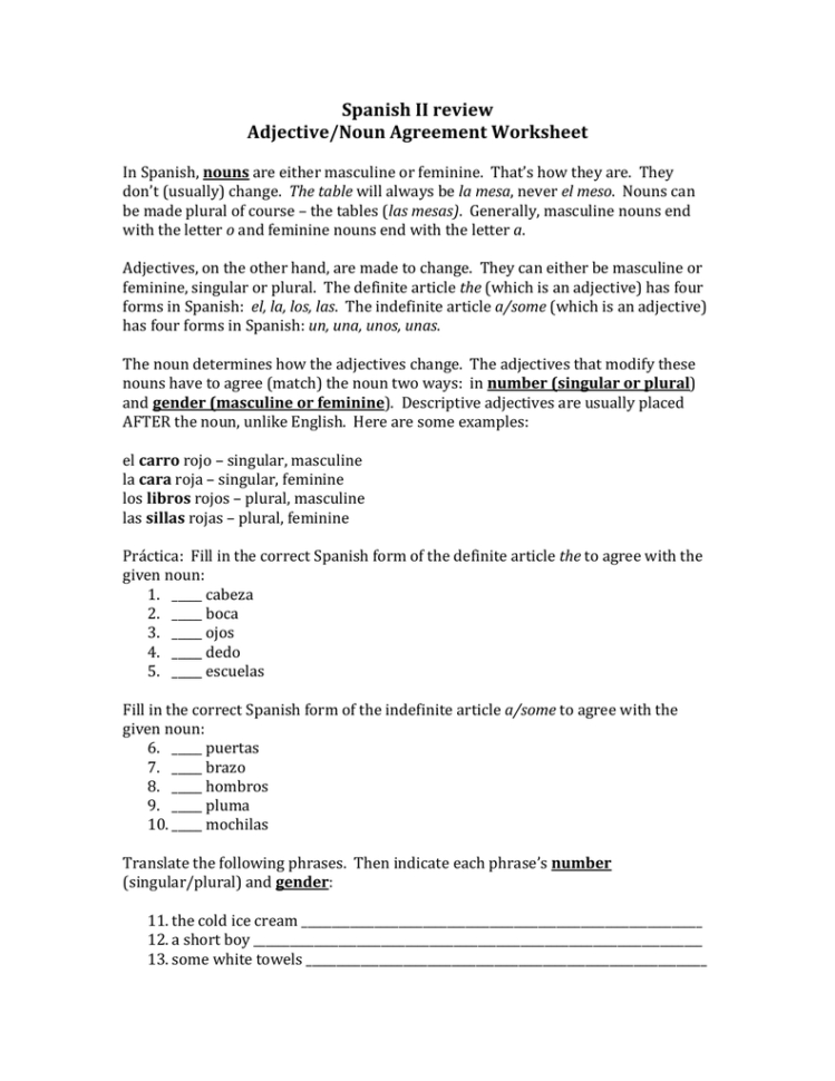 Spanish Ii Review Adjectivenoun Agreement Worksheet