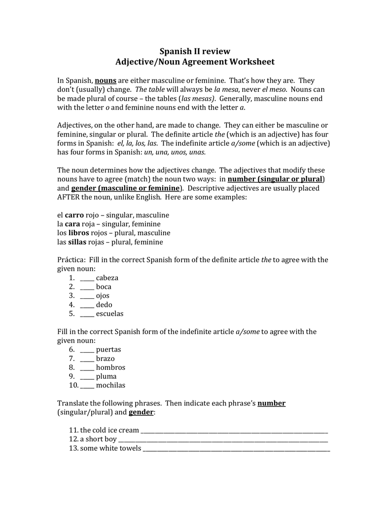 Spanish Ii Review Adjectivenoun Agreement Worksheet