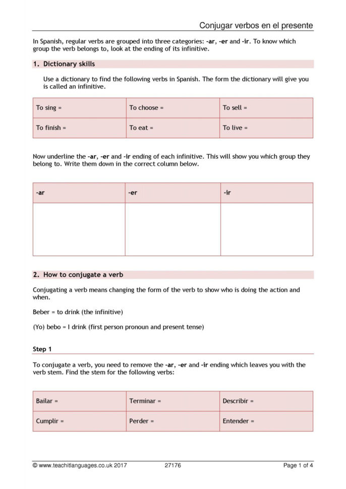 Spanish Present Tense Regular Verbs Worksheet  Conjugar