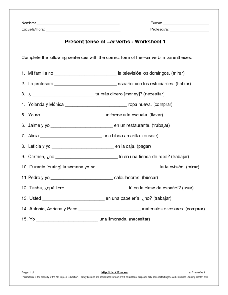 Spanish Verb Conjugation Worksheet  Cinemas 93