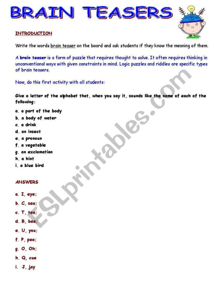 Speaking Activity With Brain Teasers  Esl Worksheet
