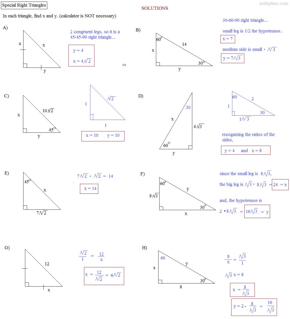 Special Right Triangles Worksheet Answe Similar Right