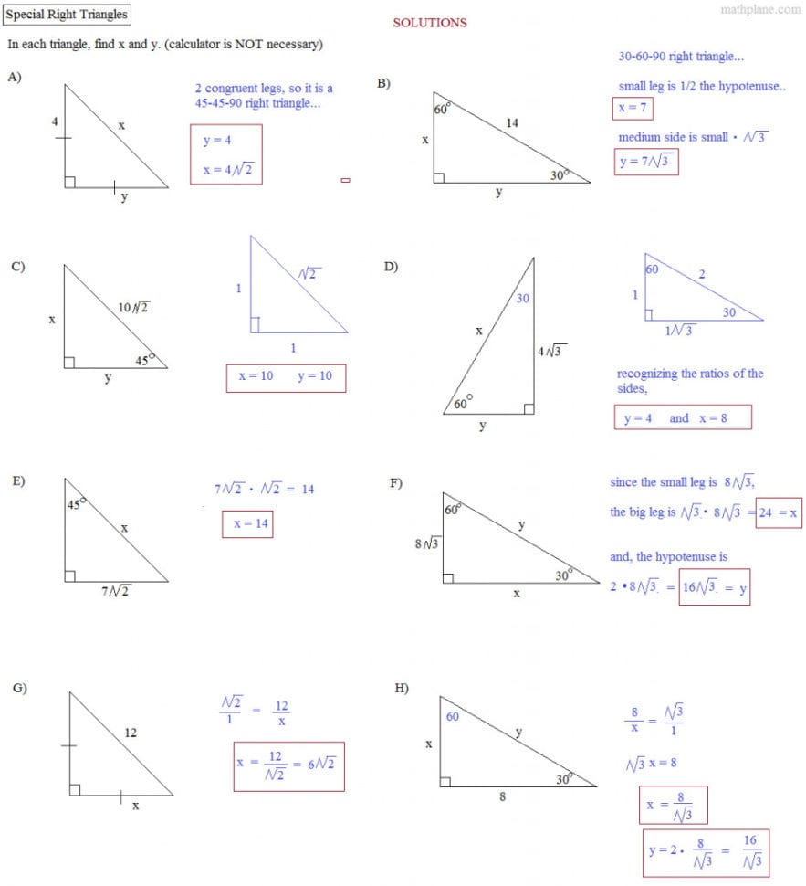 Special Right Triangles Worksheet Answe Similar Right