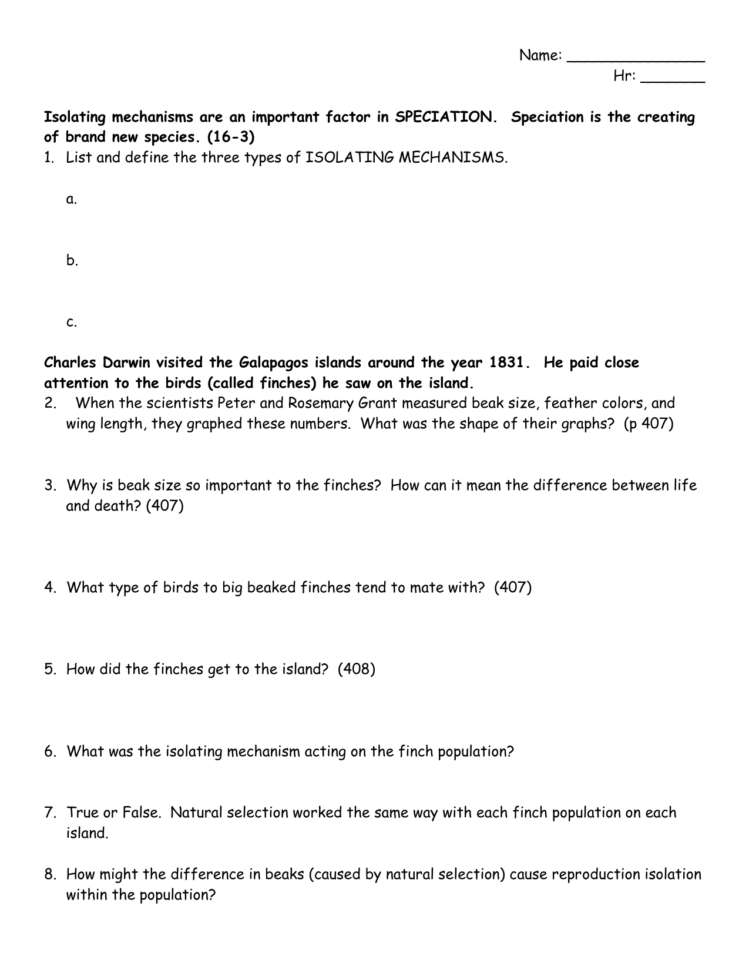 Speciation Book Worksheet