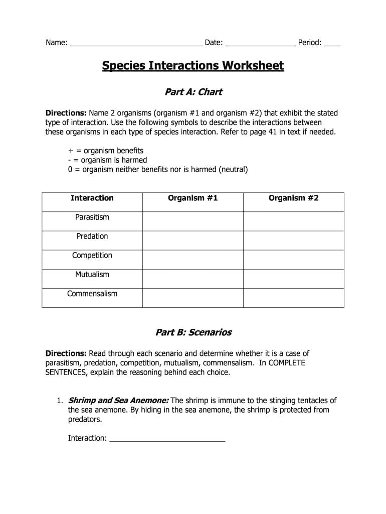 Species Interactions Worksheet  Fill Online Printable