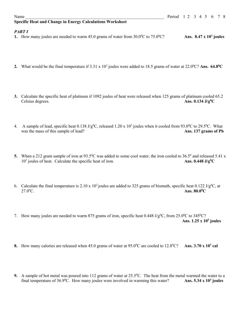 Specific Heat And Energy Calculations Worksheet