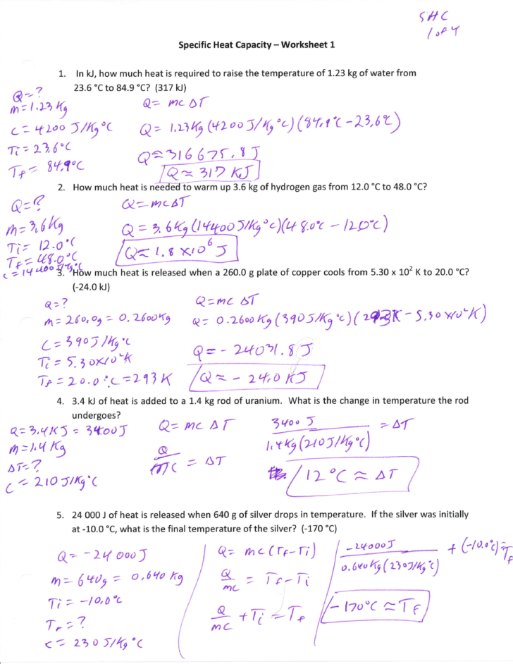 Specific Heat Worksheet Answer Key