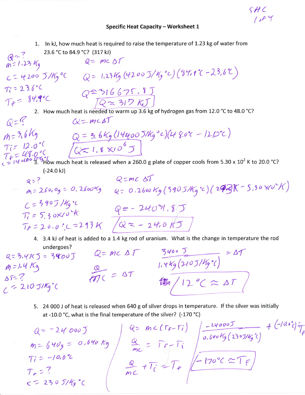 Worksheet Calculations Involving Specific Heat