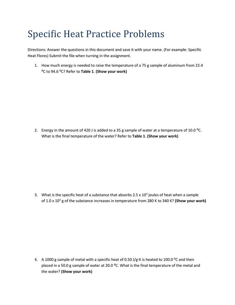Specific Heat Practice Problems Directions Answer The