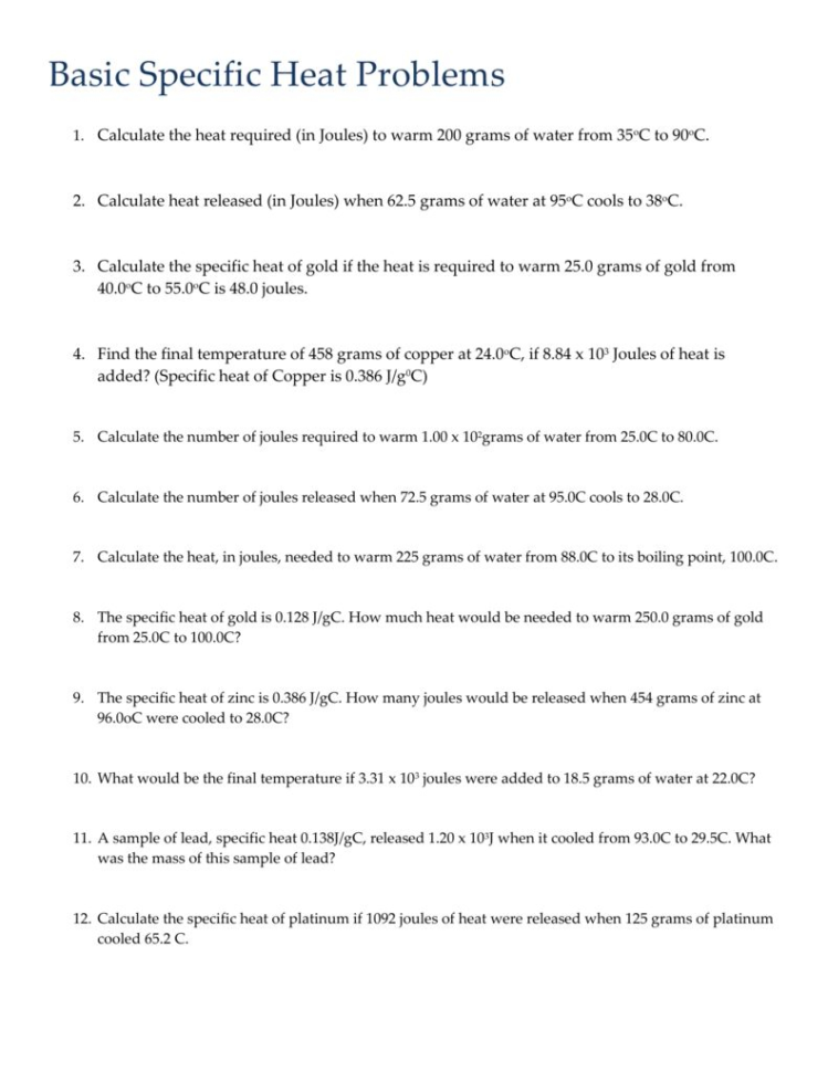 Specific Heat Practice Worksheet Answer Key