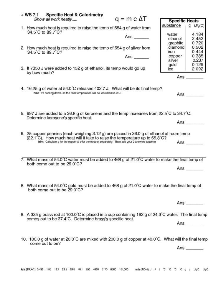 Specific Heat Problems Worksheet