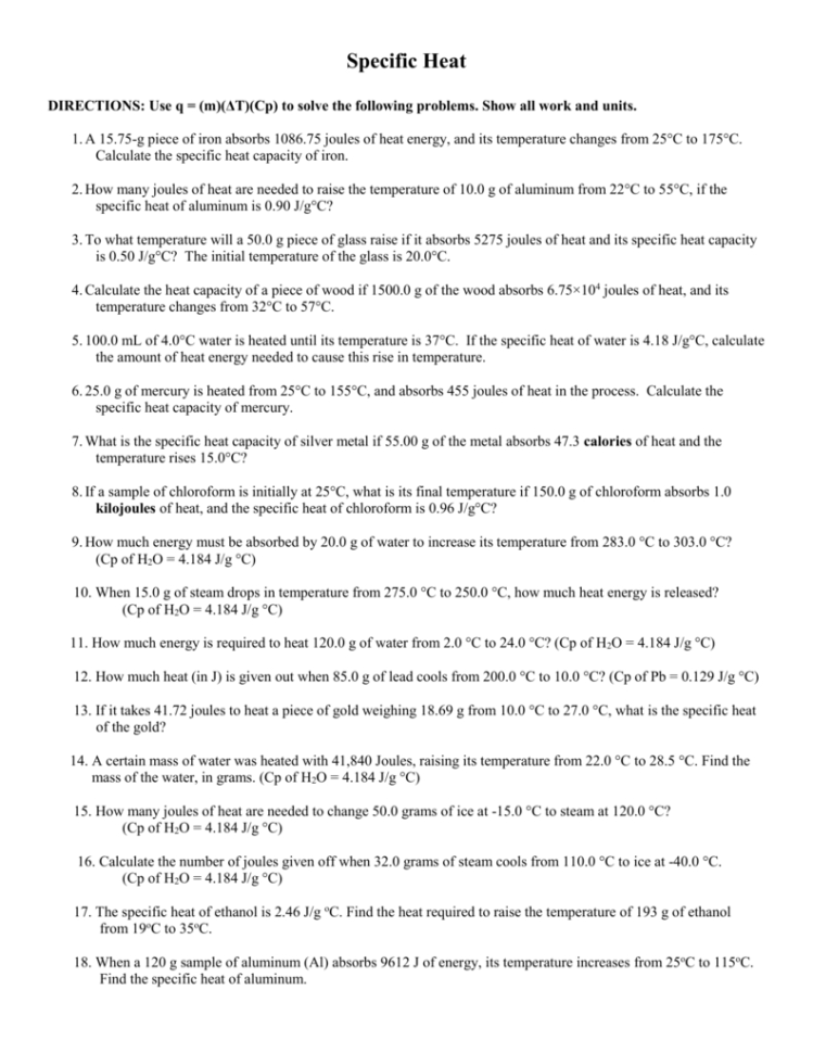 Specific Heat Worksheet