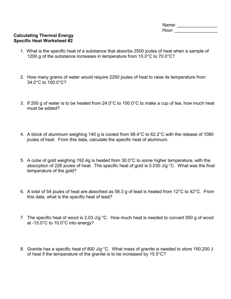 Specific Heat Worksheet 2 Specific Heat Worksheet 2