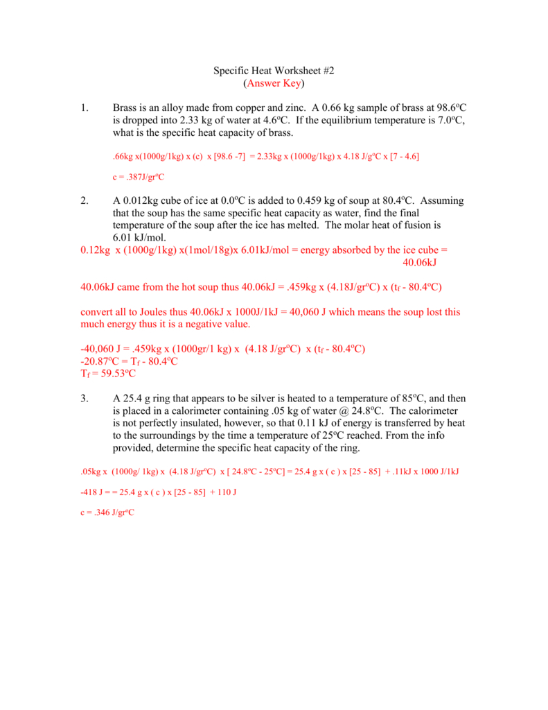Specific Heat Worksheet 2