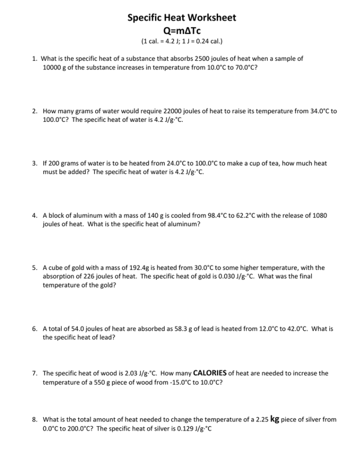 Specific Heat Worksheet Qm∆Tc