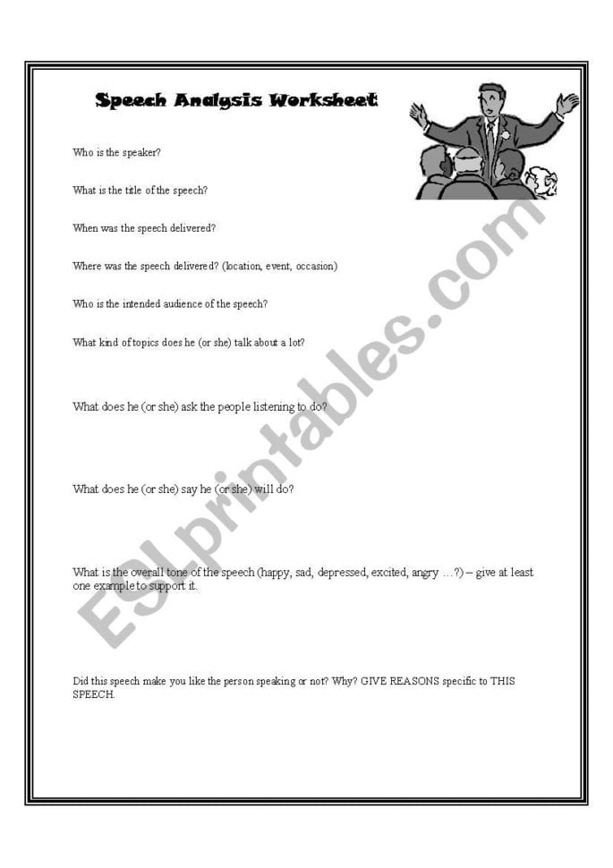 Speech Analysis Worksheet  Esl Worksheetcandaj