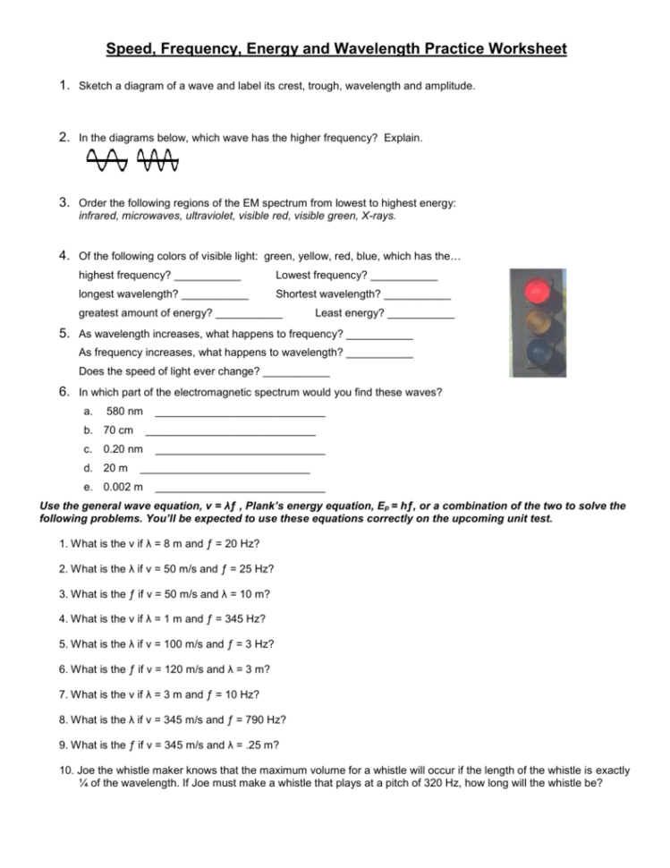 Speed Frequency Energy And Velength Practice