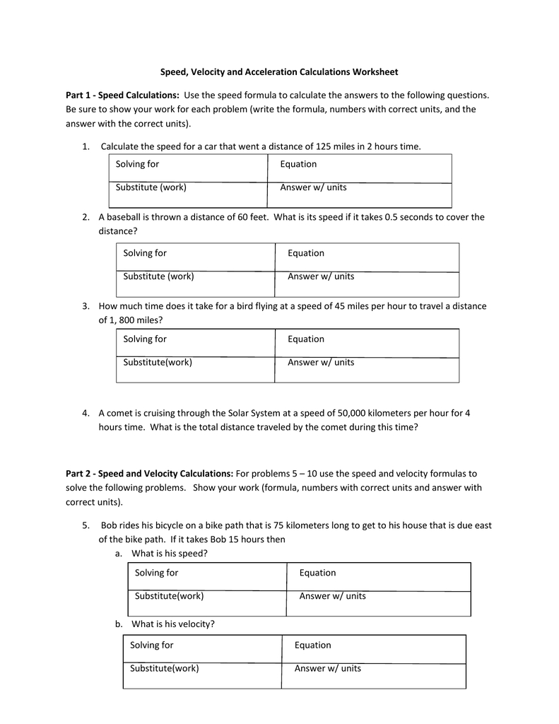 Speed Velocity And Acceleration Calculations Worksheet Part 1