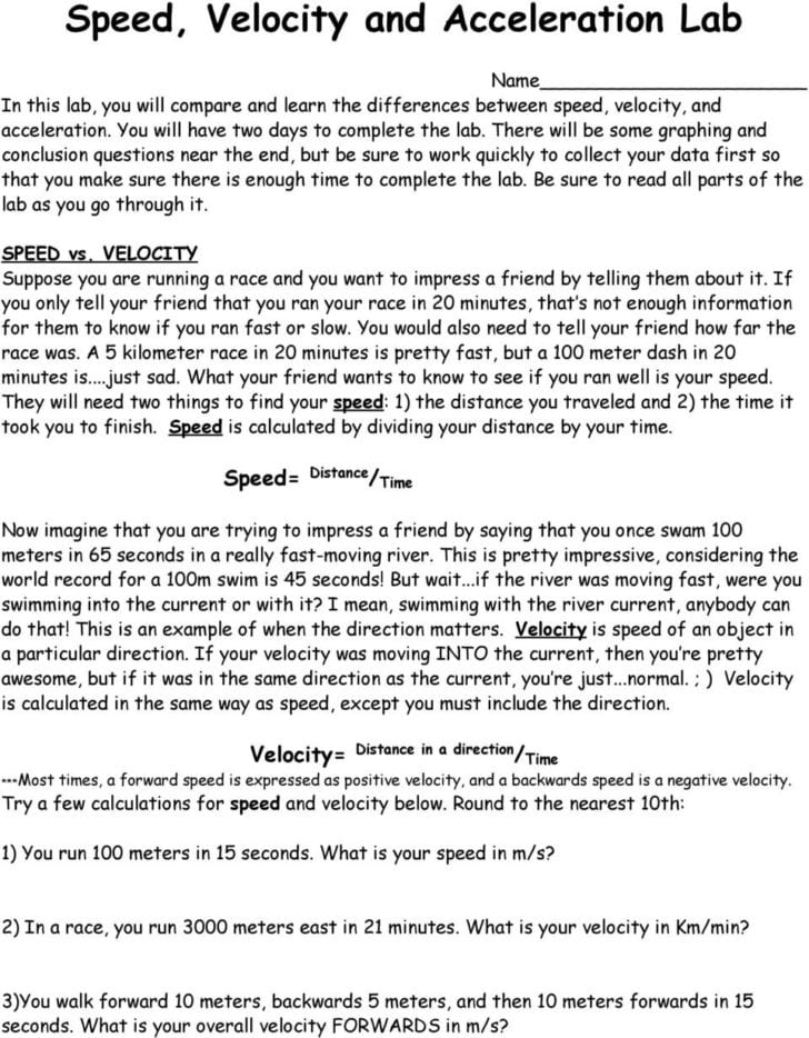 Speed Velocity And Acceleration Worksheet Answers