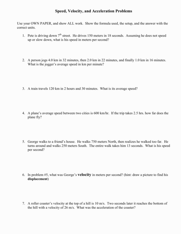 Speed Velocity And Acceleration Problems Worksheet Answers