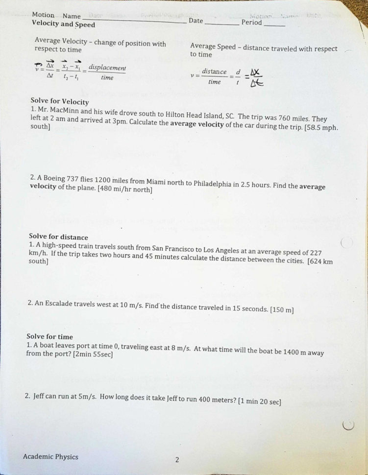 Speed And Velocity Worksheet Answer Key Db excel