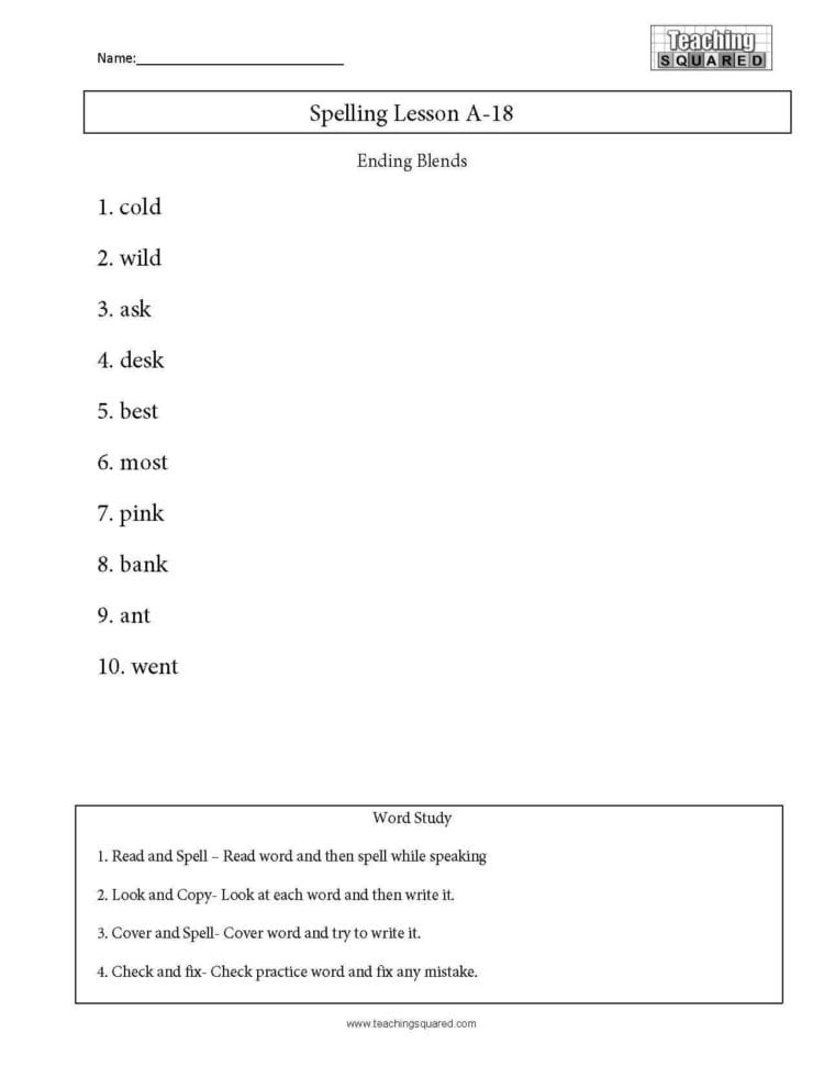 Spelling List A18 Ending Blends  Teaching Squared