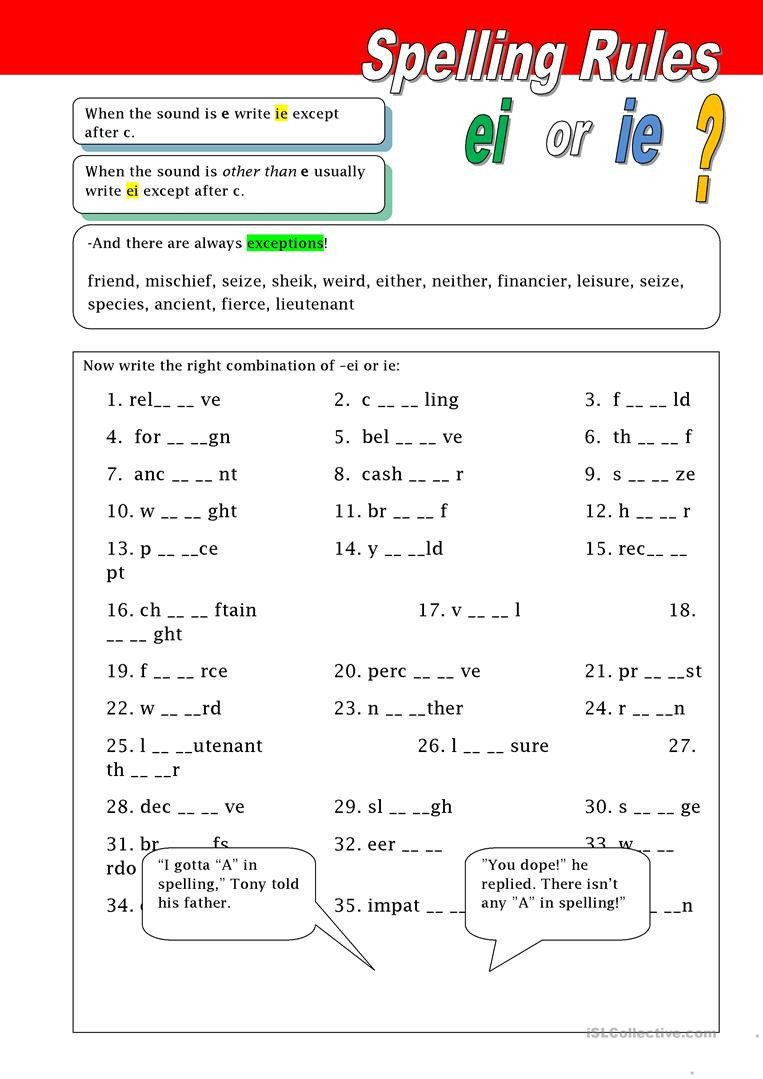 Spelling Rules Ie And Ei  English Esl Worksheets