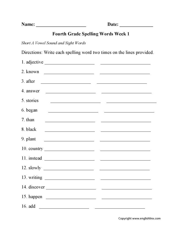 Spelling Worksheets  Fourth Grade Spelling Worksheets