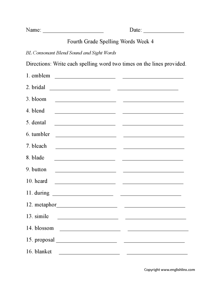 Spelling Worksheets  Fourth Grade Spelling Worksheets