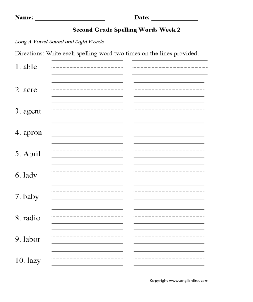 Spelling Worksheets  Second Grade Spelling Worksheets