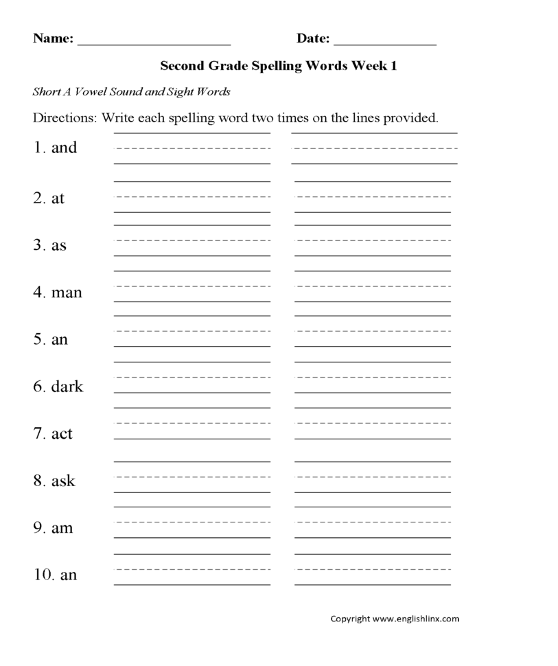 Spelling Worksheets  Second Grade Spelling Worksheets