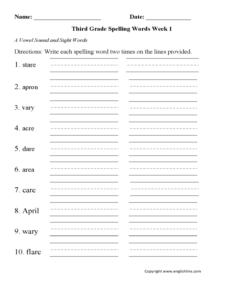 Spelling Worksheets  Third Grade Spelling Worksheets