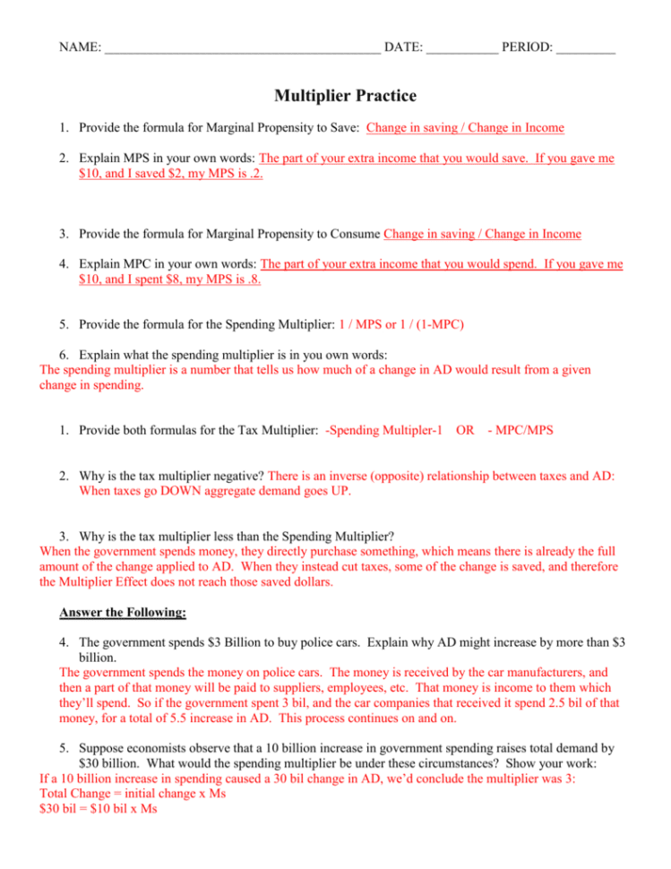 Spending And Tax Multiplier Practiceanswer Key