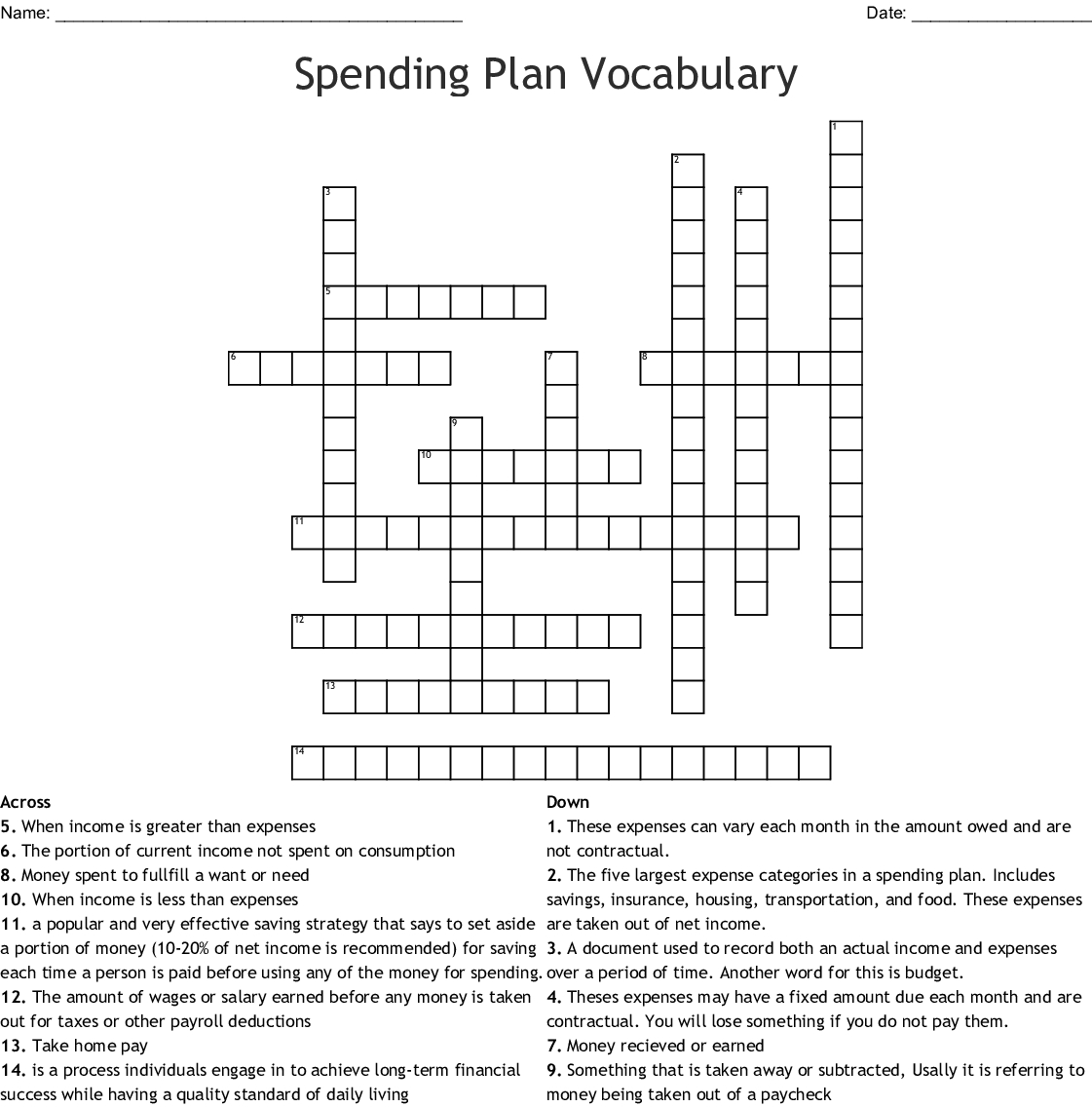 Spending Plan Vocabulary Crossword  Word