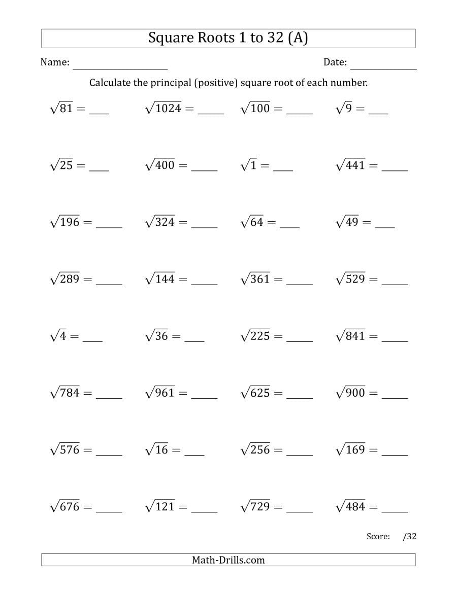 Free Printable Square And Square Root Worksheets