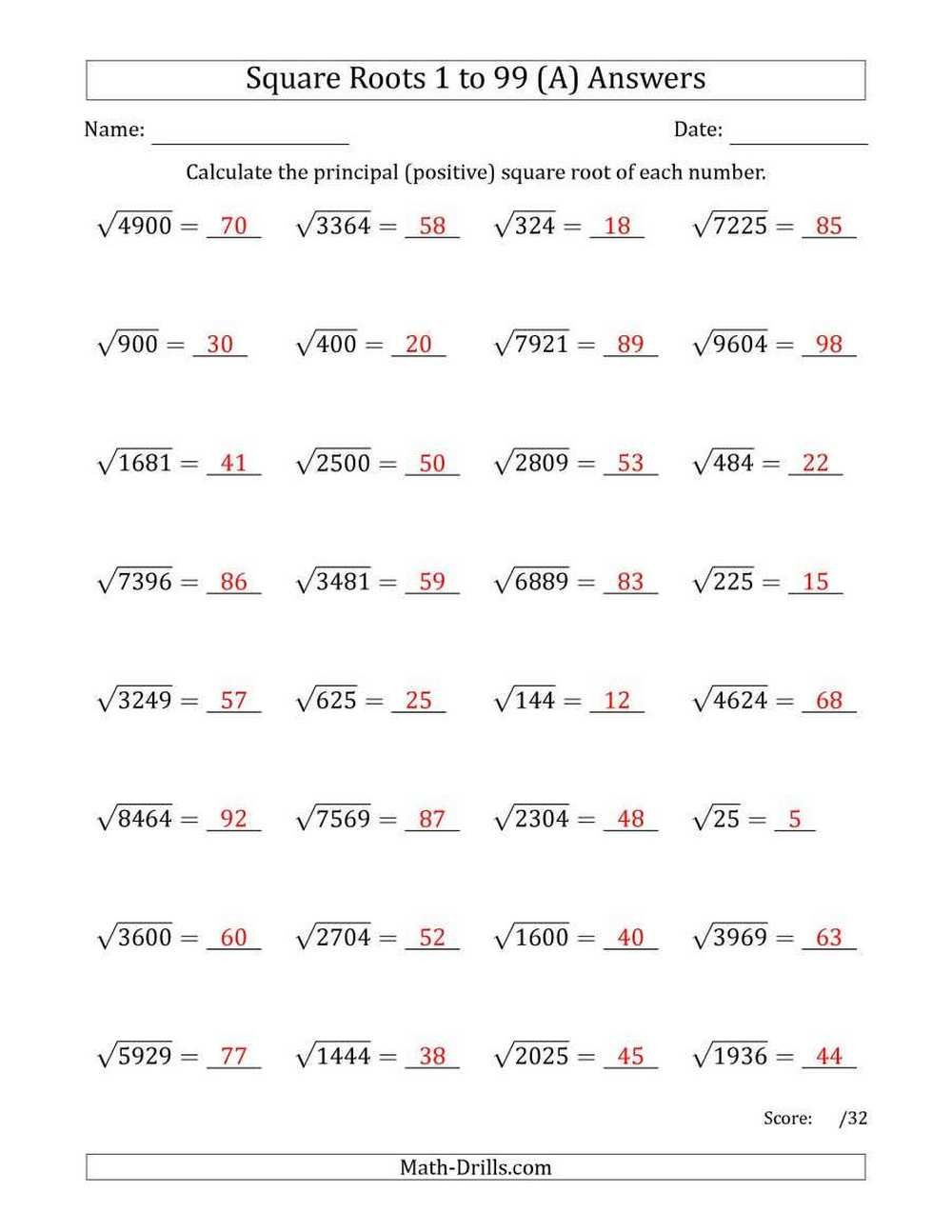 Square Root Worksheets 8Th Grade