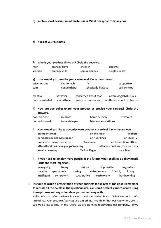 Starting A Business Entrepreneurs' Project  English Esl