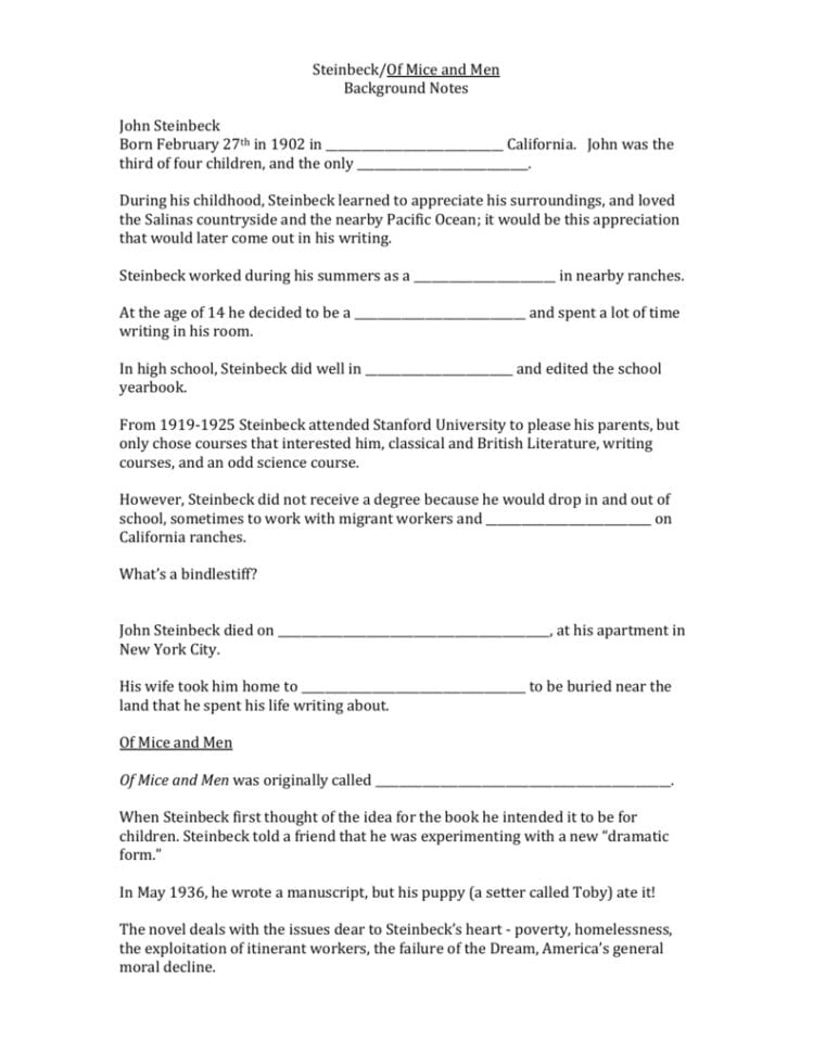 Steinbeckof Mice And Men Fill In The Blank Worksheets