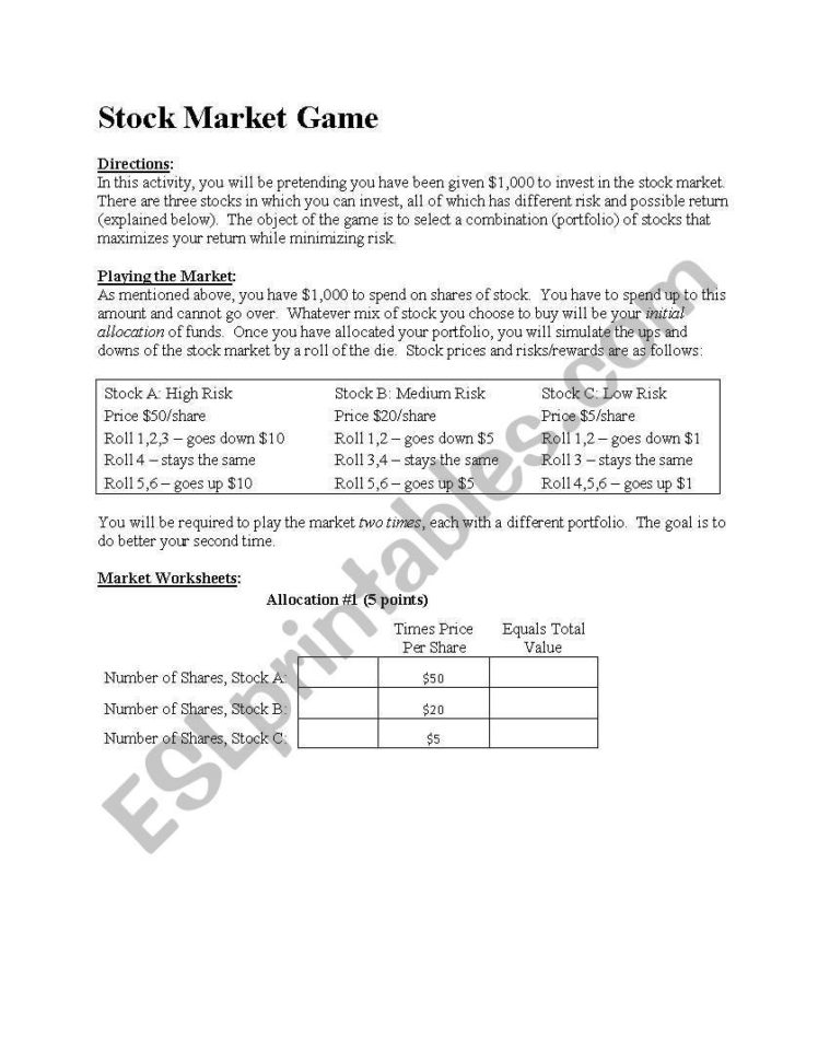 Stock Market Game And Worksheet  Esl Worksheetjaguar92
