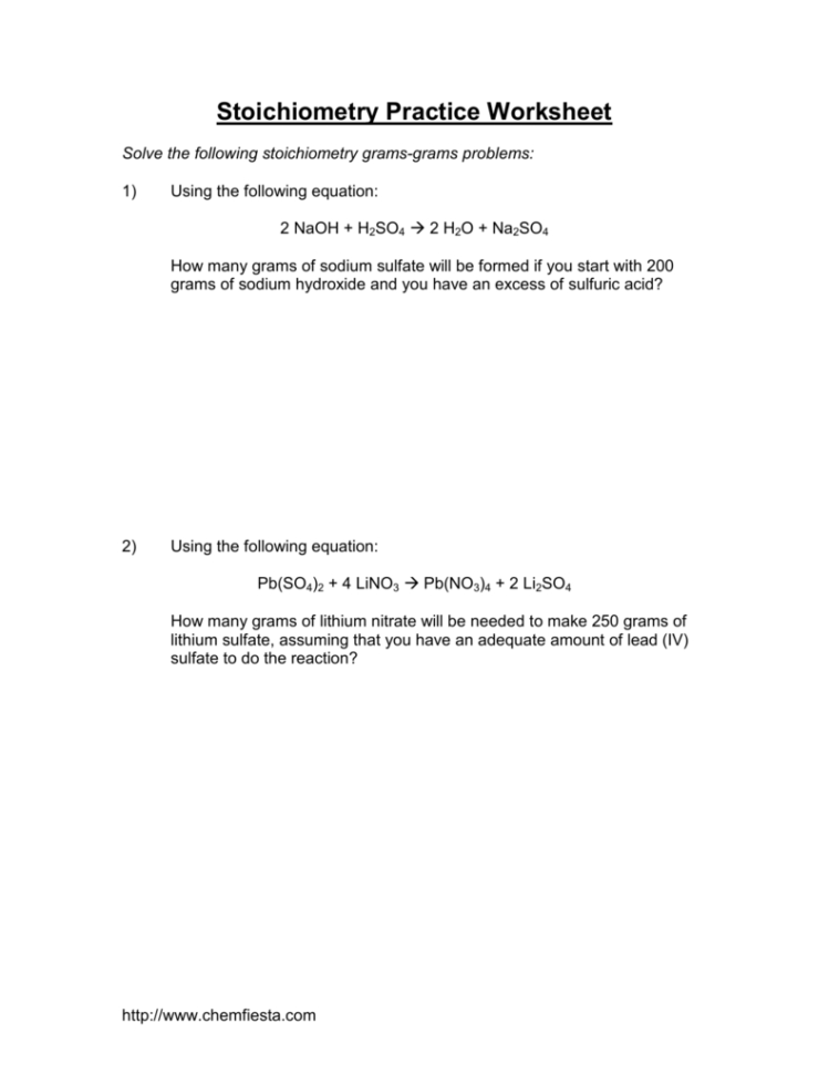 Stoichiometry Practice Worksheet